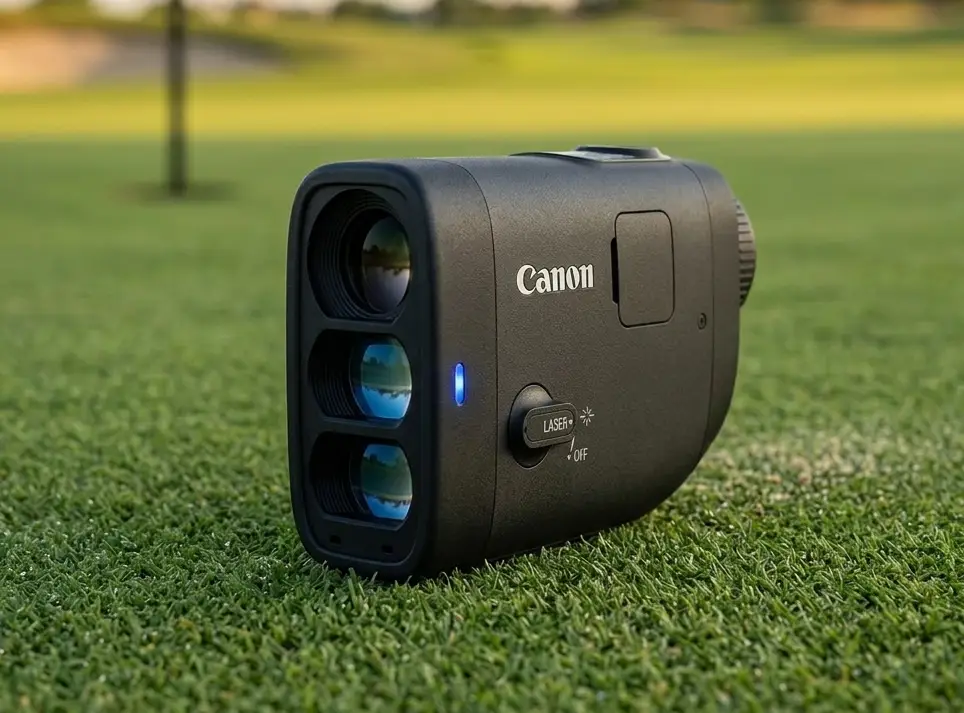 Canon PowerShot Golf en action sur le parcours, viser un drapeau distant